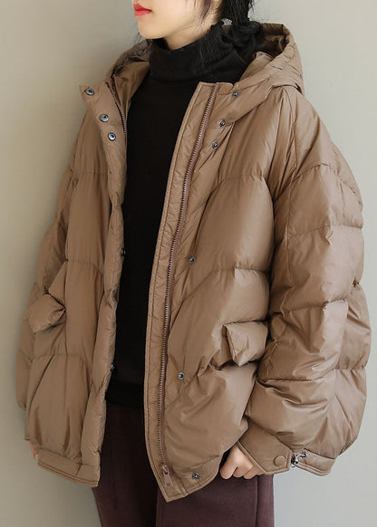 Khaki Hooded Zippered Pockets Winter Down Coat Long Sleeve