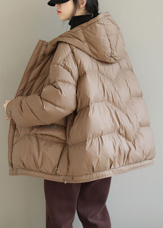 Khaki Hooded Zippered Pockets Winter Down Coat Long Sleeve