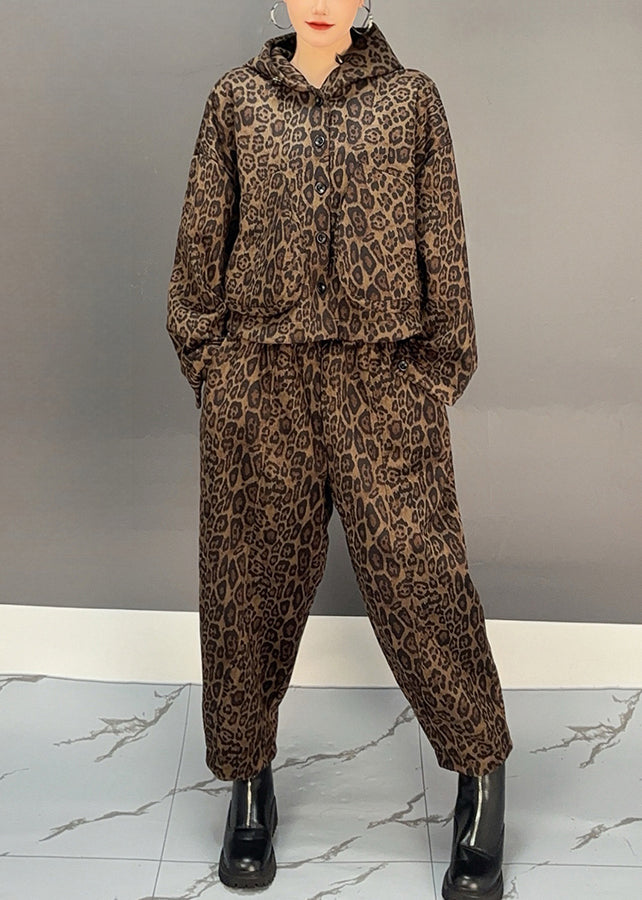 Khaki Leopard Warm Fleece Hooded Coats and Harem Pants Two Pieces Set Winter