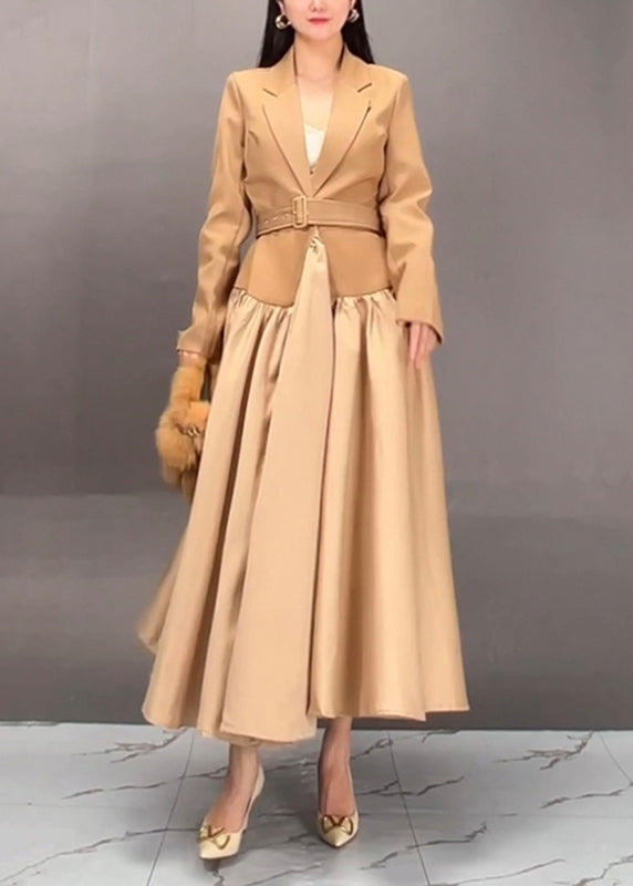 Khaki Notched Patchwork Sashes Long Trench Coats Spring