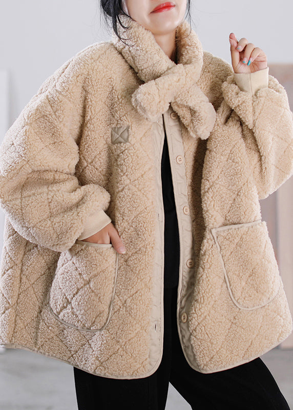 Khaki O-neck Button Pockets Faux Fur Coat Winter
