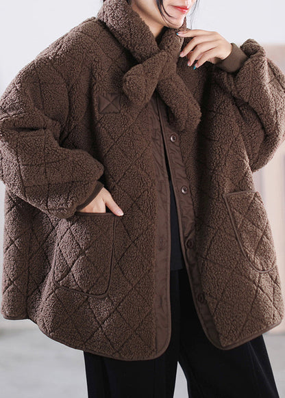 Khaki O-neck Button Pockets Faux Fur Coat Winter
