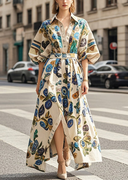 Khaki Oversized Print Cotton Long Dress Lantern Sleeve