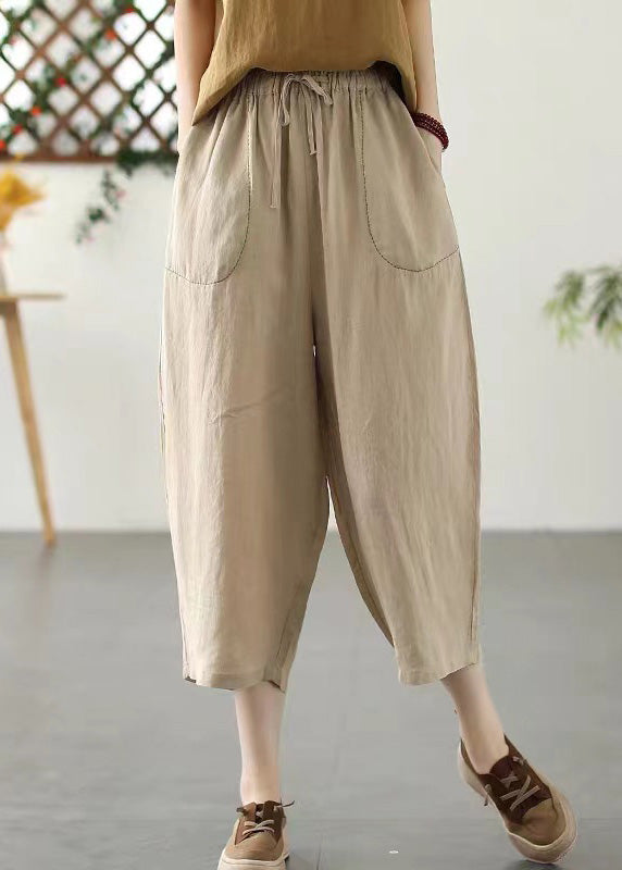 Khaki Patchwork Elastic Waist Tie Waist Crop Pants Summer