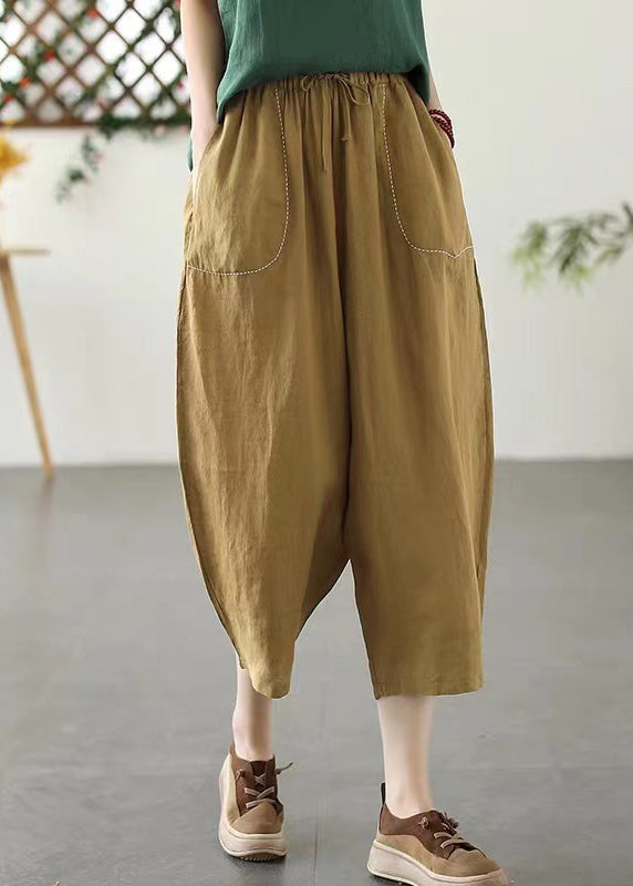 Khaki Patchwork Elastic Waist Tie Waist Crop Pants Summer