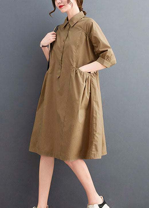 Khaki Peter Pan Collar Button Cotton Dresses Half Sleeve