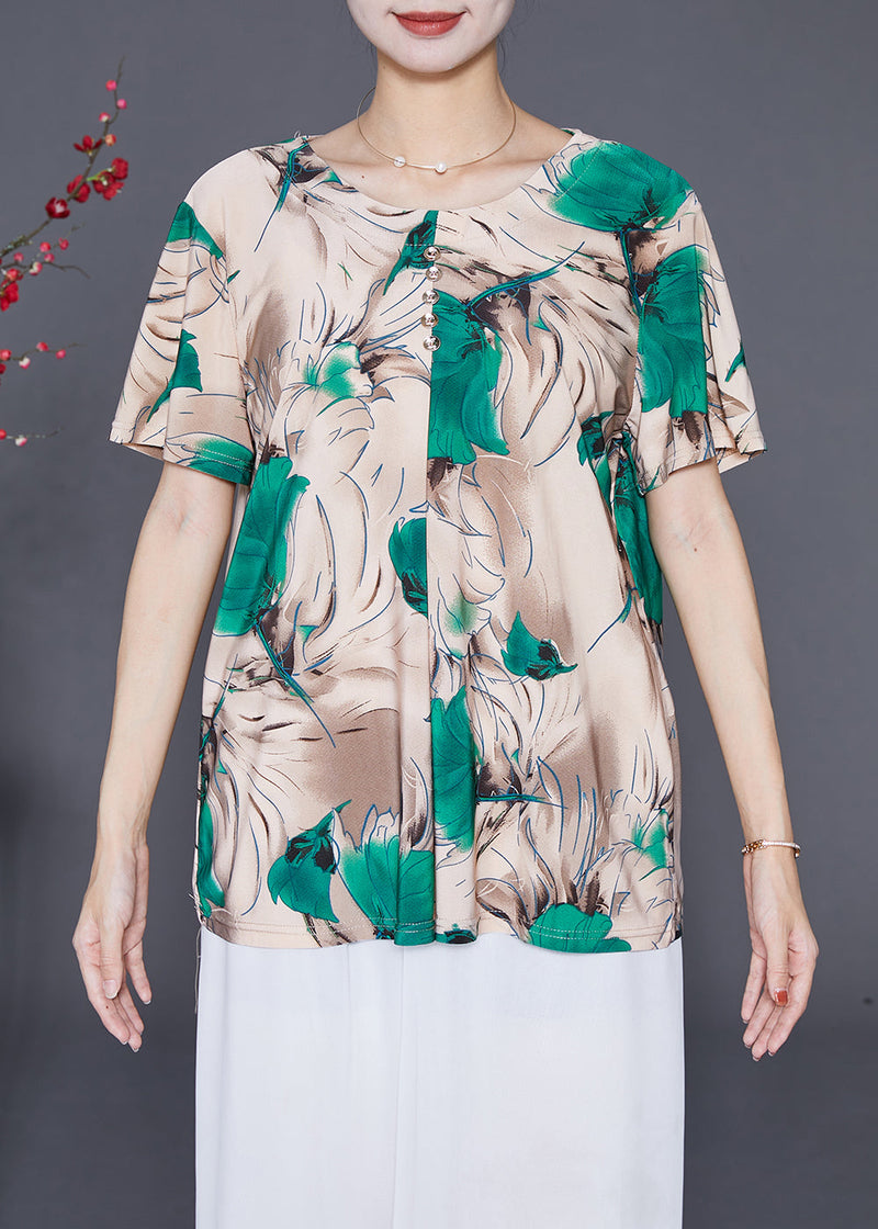 Khaki Print Button Chiffon Shirt Tops Summer