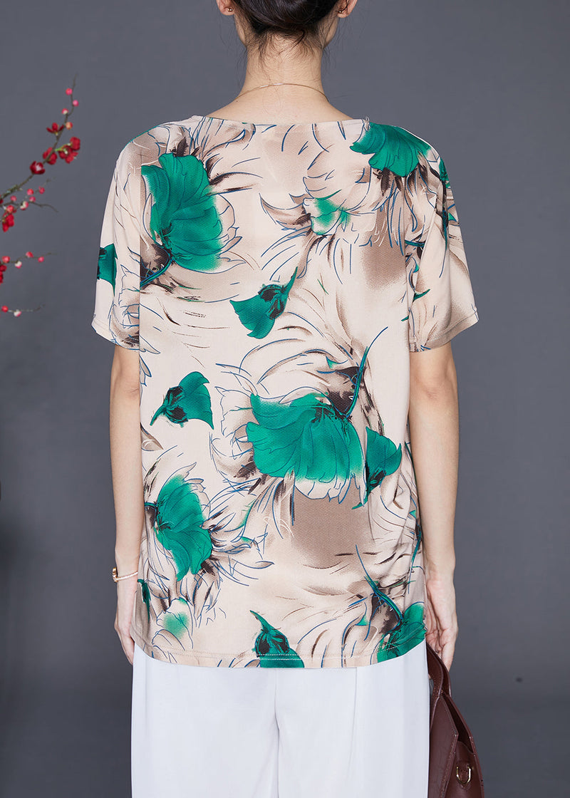 Khaki Print Button Chiffon Shirt Tops Summer