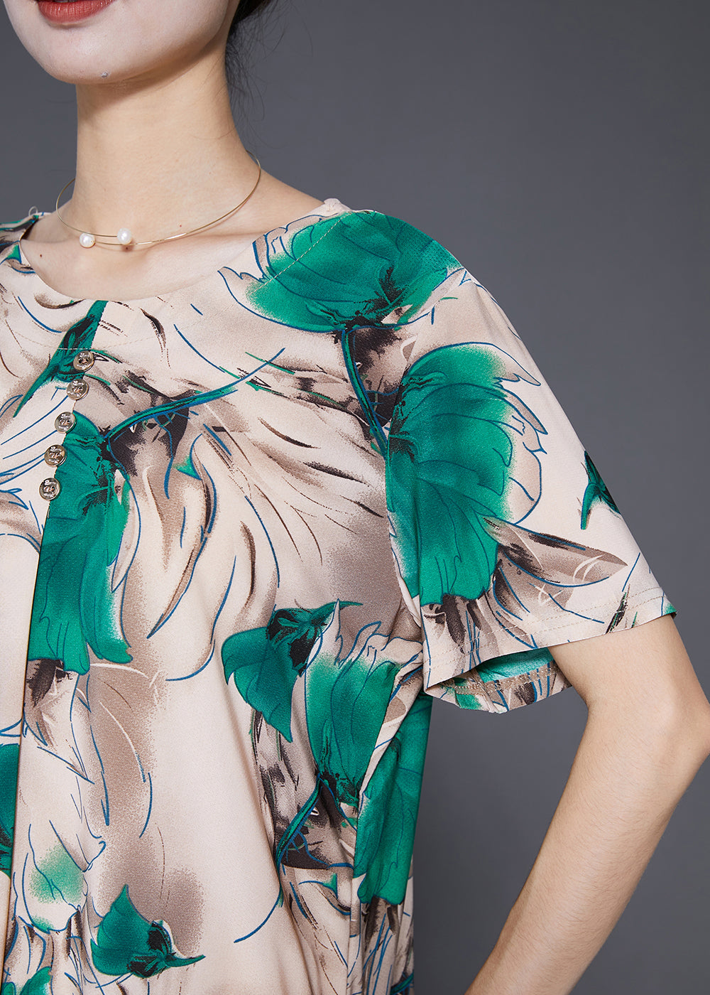 Khaki Print Button Chiffon Shirt Tops Summer
