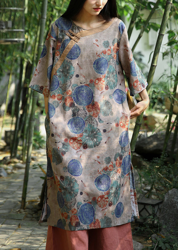 Khaki Print Pockets Patchwork Cotton Dress Half Sleeve