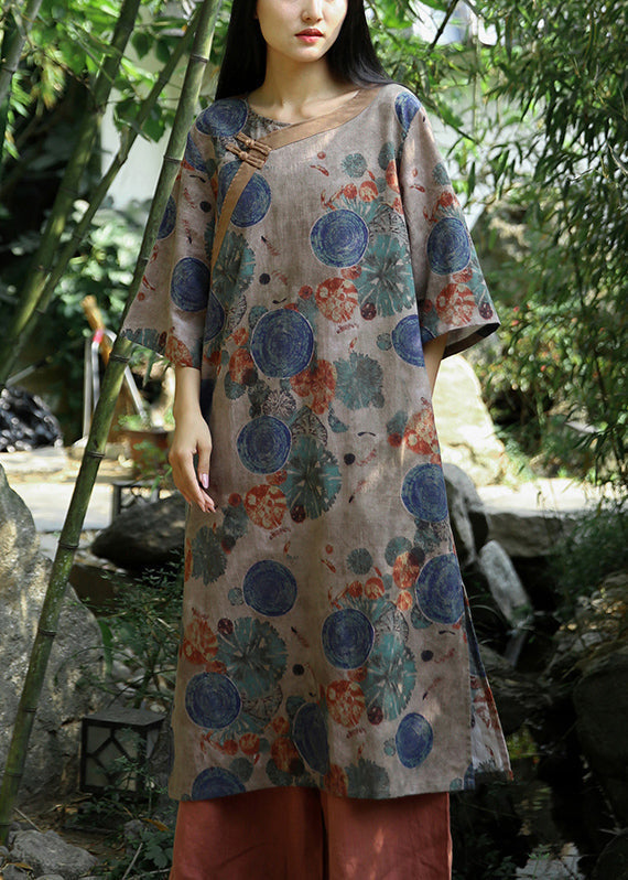 Khaki Print Pockets Patchwork Cotton Dress Half Sleeve