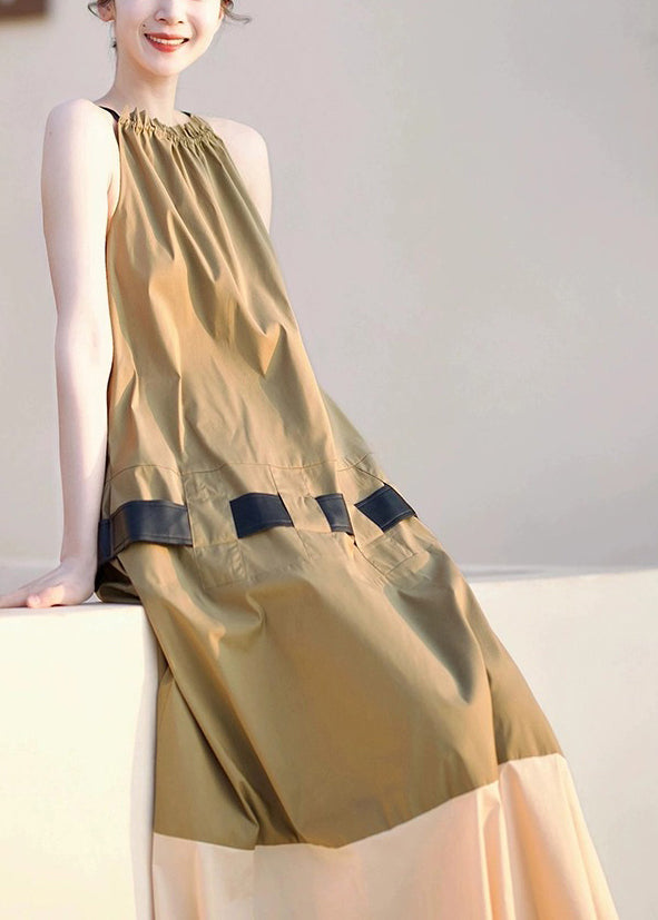 Khaki Ruffled Pockets Patchwork Cotton Long Dresses Sleeveless