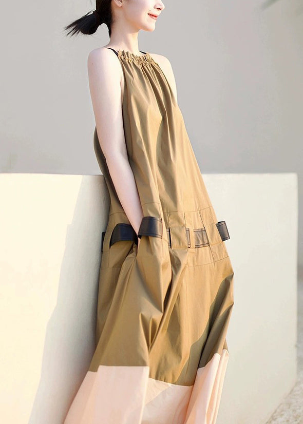 Khaki Ruffled Pockets Patchwork Cotton Long Dresses Sleeveless