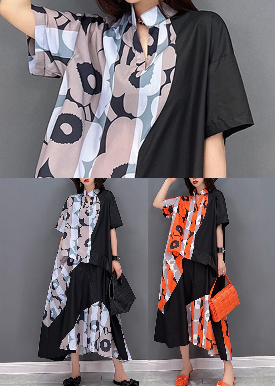 Khaki Stand Collar Asymmetrical Design Holiday Dress Short Sleeve