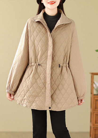 Khaki Stand Collar Drawstring Zippered Pockets Parkas Coats Winter