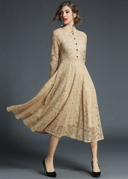 Khaki Stand Collar Hollow Out Embroideried Lace Dresses Long Sleeve
