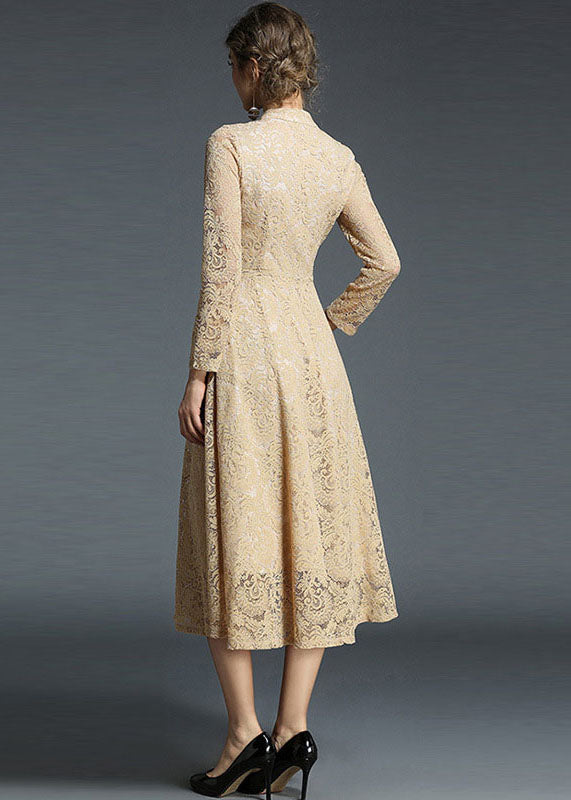 Khaki Stand Collar Hollow Out Embroideried Lace Dresses Long Sleeve