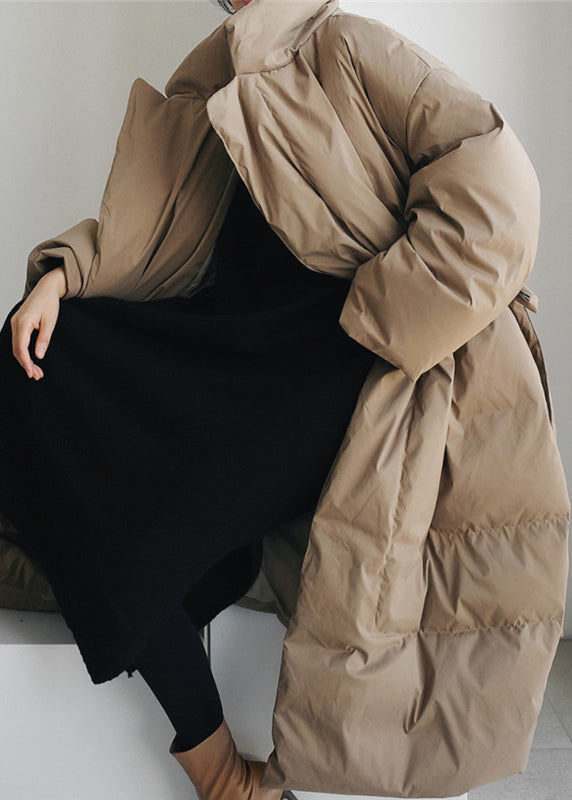 Khaki Stand Collar Pockets Parka Long Sleeve