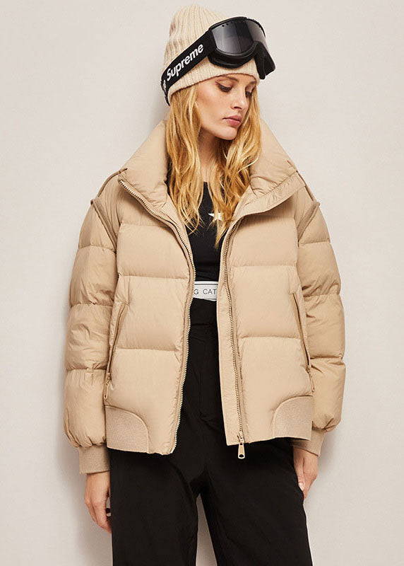 Khaki Stand Collar Zip Up Thick Duck Down Puffer Jacket Winter