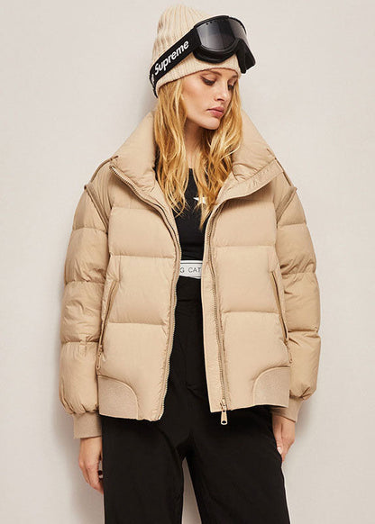 Khaki Stand Collar Zip Up Thick Duck Down Puffer Jacket Winter