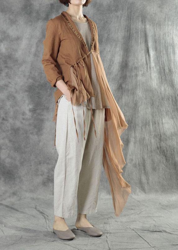 Fashion Khaki Tie Waist Patchwork Asymmetrical Design Fall Jackets Long Sleeve