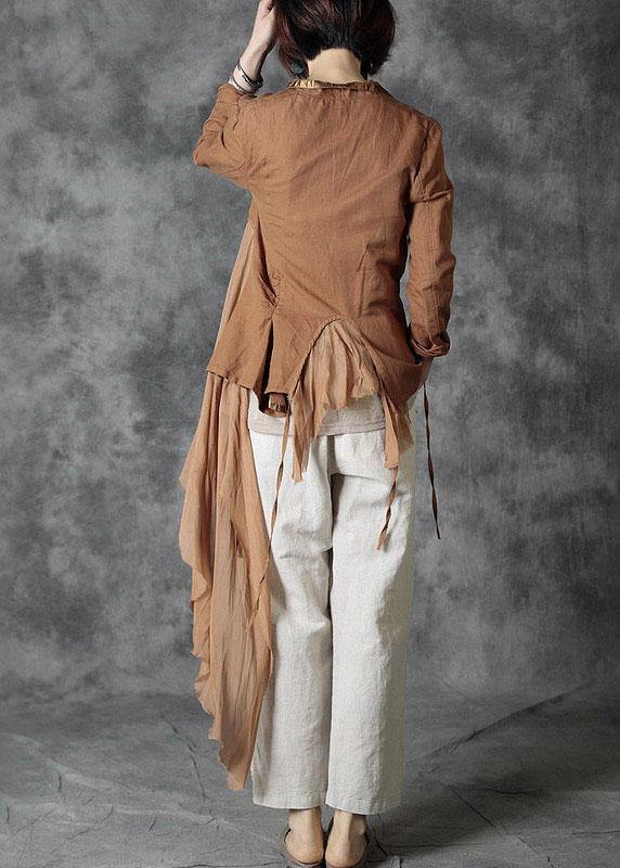 Fashion Khaki Tie Waist Patchwork Asymmetrical Design Fall Jackets Long Sleeve