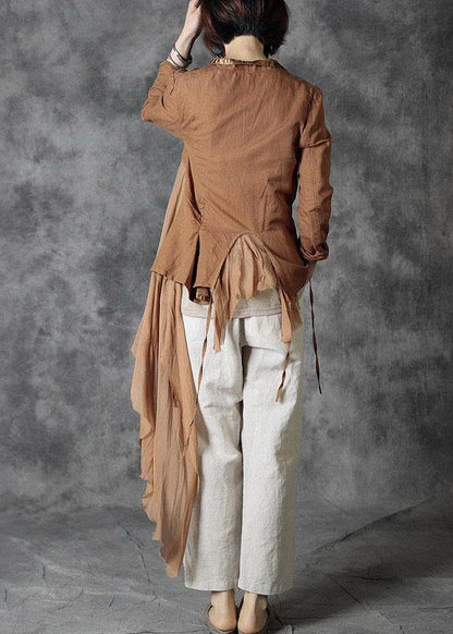 Fashion Khaki Tie Waist Patchwork Asymmetrical Design Fall Jackets Long Sleeve