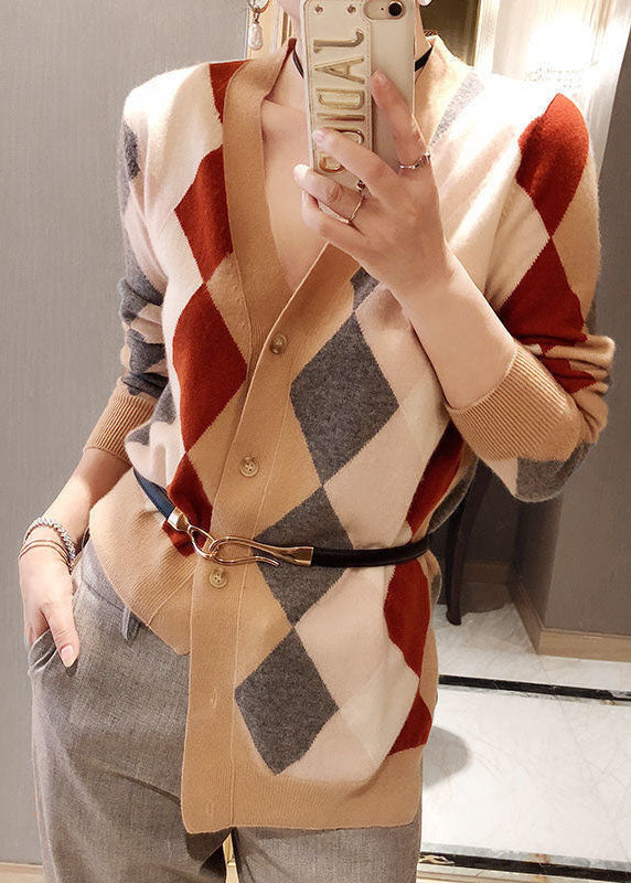 Khaki V Neck Asymmetrical Plaid Knit Cardigan Winter
