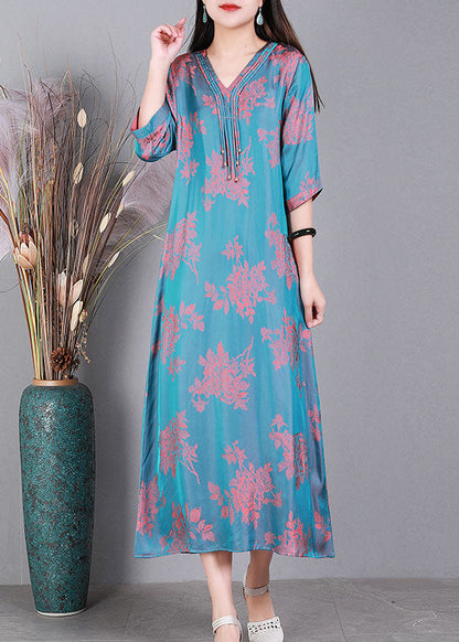 Lake Blue V Neck Jacquard Tassel Silk Holiday Dress Half Sleeve