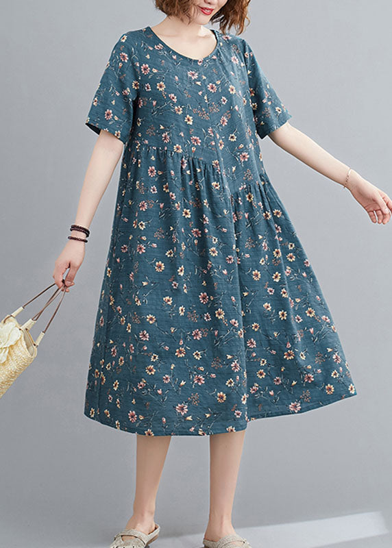 Lake Blue Wrinkled Print Cotton a Line Dresses Short Sleeve