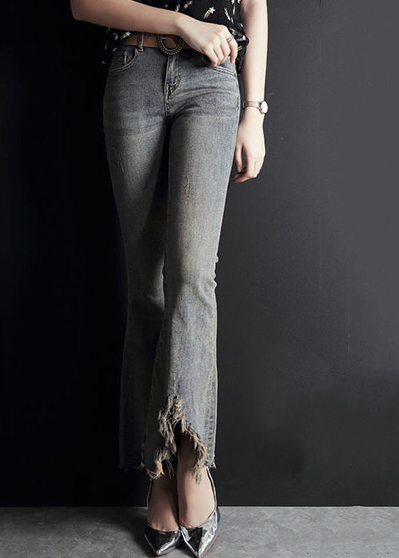 Light Blue Asymmetrical Pockets Cotton Denim Flare Pants Summer