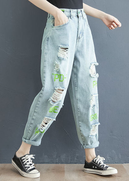 Light Blue Letter Embroideried Pockets Hole Cotton Denim Crop Pants Summer