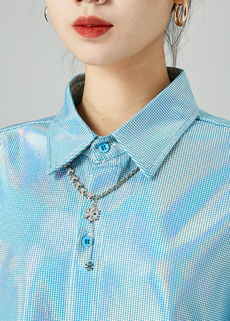 Light Blue Peter Pan Collar Oversized Plaid Shirts Spring
