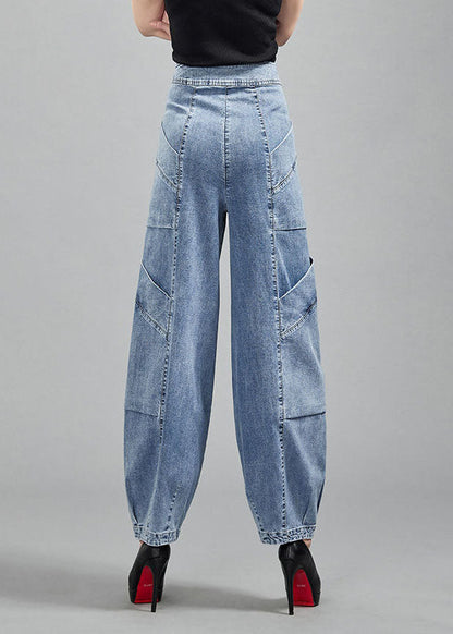 Light Blue Pockets Patchwork Cotton Denim Lantern Pants Trousers Spring