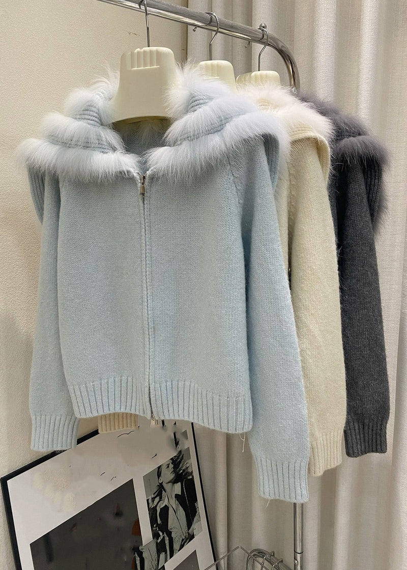 Light Blue Sailor Collar Patchwork Cotton Knit Cardigans Winter