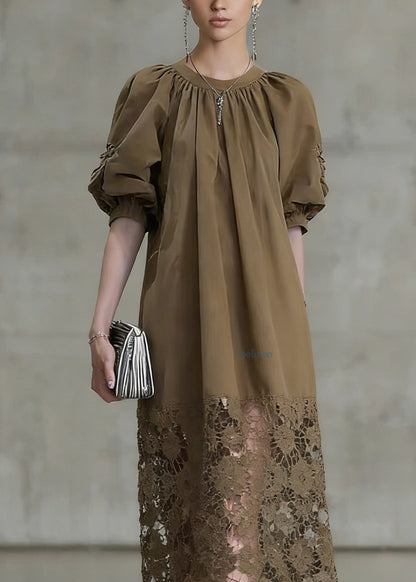 Light Coffee Puff Sleeve Lace Patchwork Cotton Long Dress