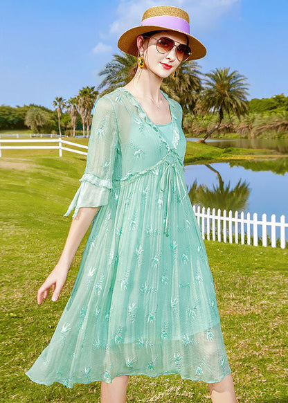 Light Green Embroideried Patchwork Tie Waist Silk Dresses Half Sleeve