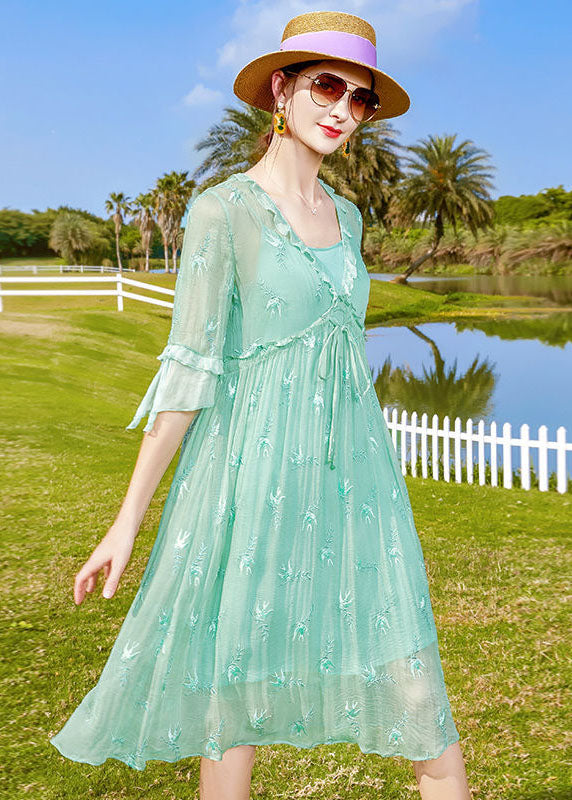Light Green Embroideried Patchwork Tie Waist Silk Dresses Half Sleeve