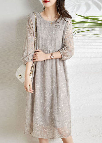 Light Grey Cinched Embroideried Chiffon Vacation Dresses Three Quarter Sleeve