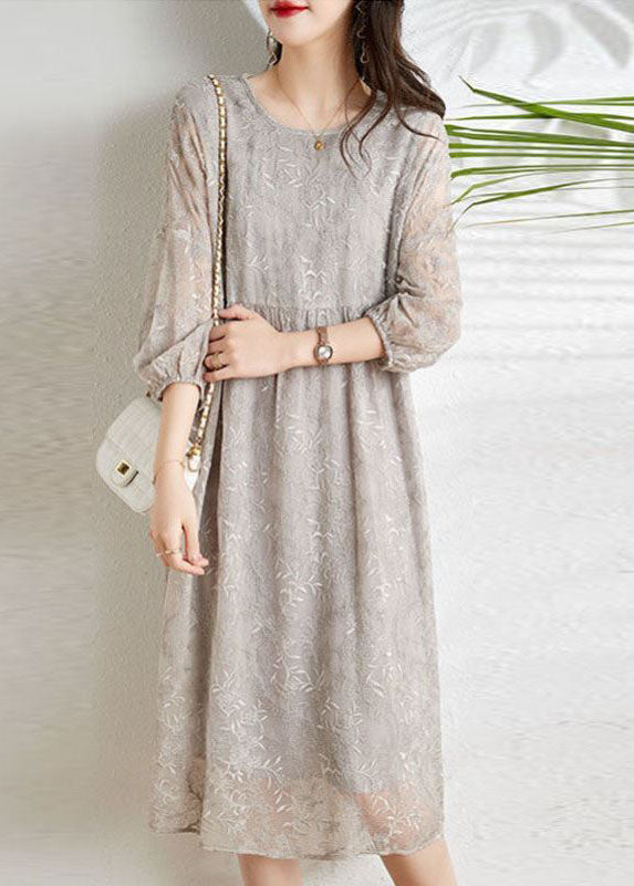 Light Grey Cinched Embroideried Chiffon Vacation Dresses Three Quarter Sleeve