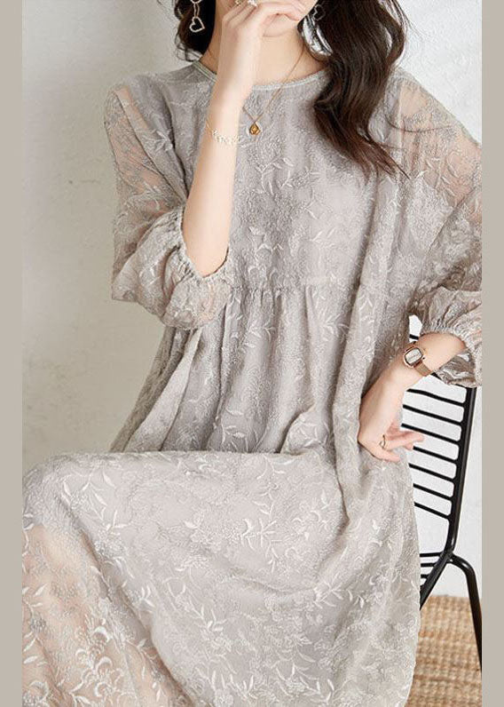 Light Grey Cinched Embroideried Chiffon Vacation Dresses Three Quarter Sleeve