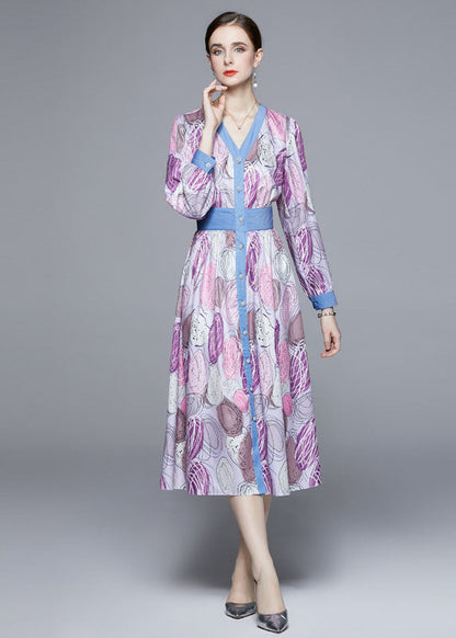 Light Purple V Neck Patchwork Print Cinch Dress Long Sleeve