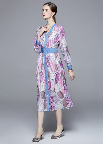 Light Purple V Neck Patchwork Print Cinch Dress Long Sleeve