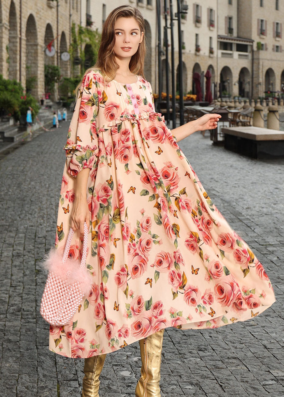 Light Yellow O-neck Print Ruffled Patchwork Silk Maxi Dress Fall