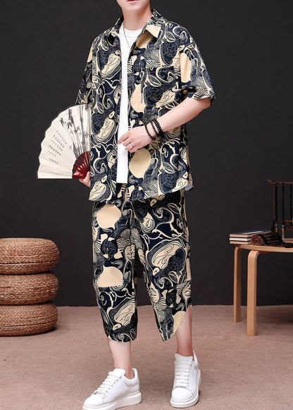 Light Yellow Peter Pan Collar Ice Silk Shirt and Crop Pants Two Pieces Set Short Sleeve