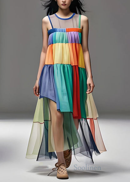 Loose Colorblock O Neck Tulle Patchwork Cotton Dresses Sleeveless