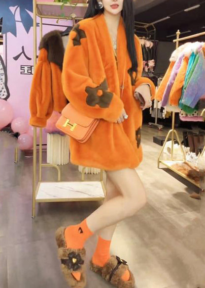 Loose Orange V Neck Pockets Mink Hair Jackets Winter