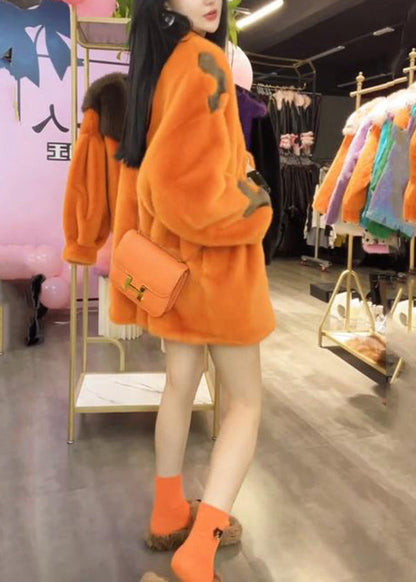 Loose Orange V Neck Pockets Mink Hair Jackets Winter