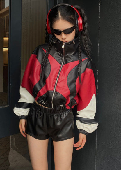 Loose Red Drawstring Patchwork Faux Leather Jacket Spring