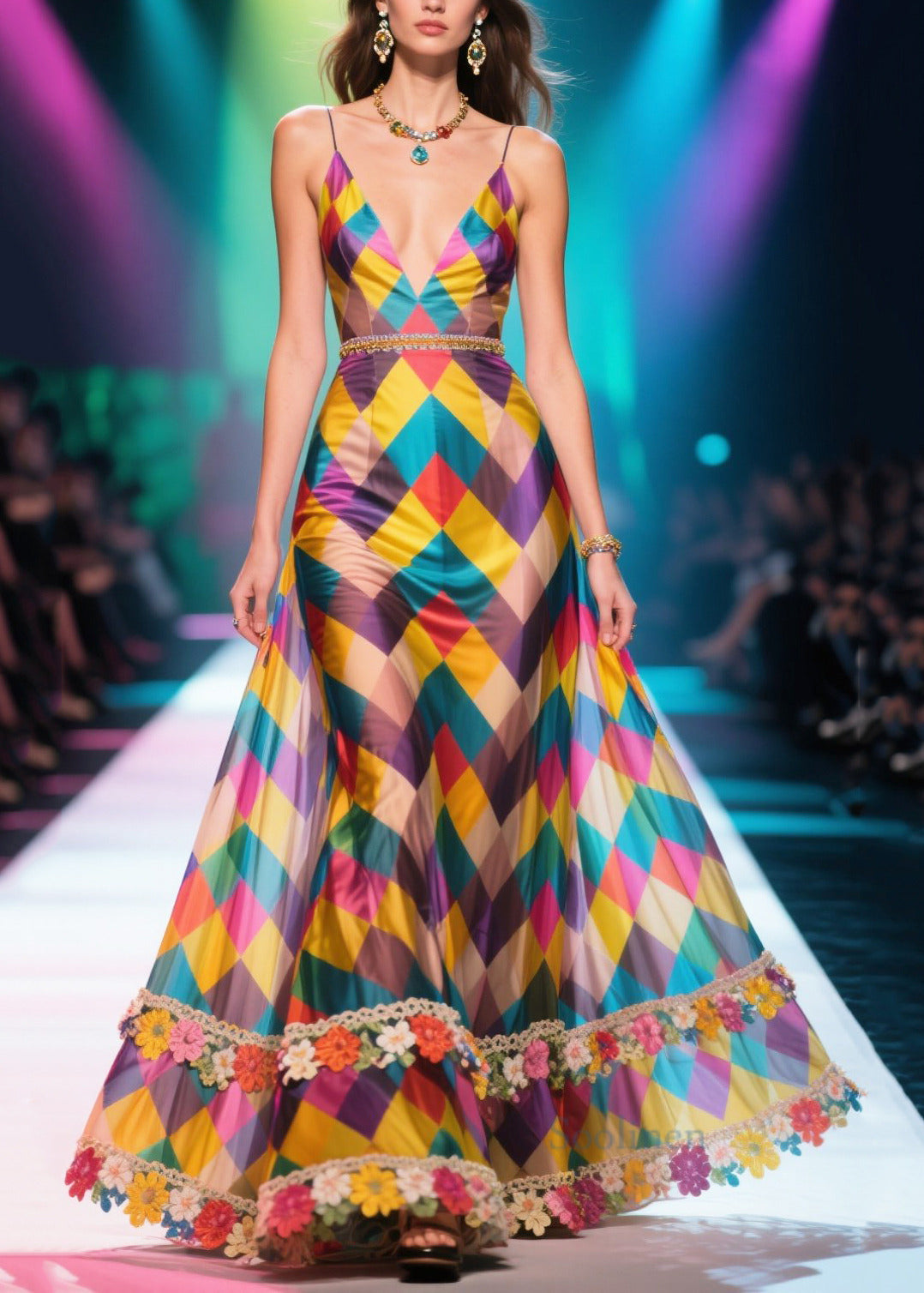 Multicolour Plaid Flower Decorated Chiffon Robe Dresses Summer